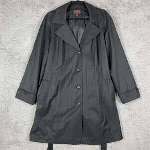 Gallery Woman Trench Coat Womens 1X Black Hooded Belted Button Jacket Plus Size